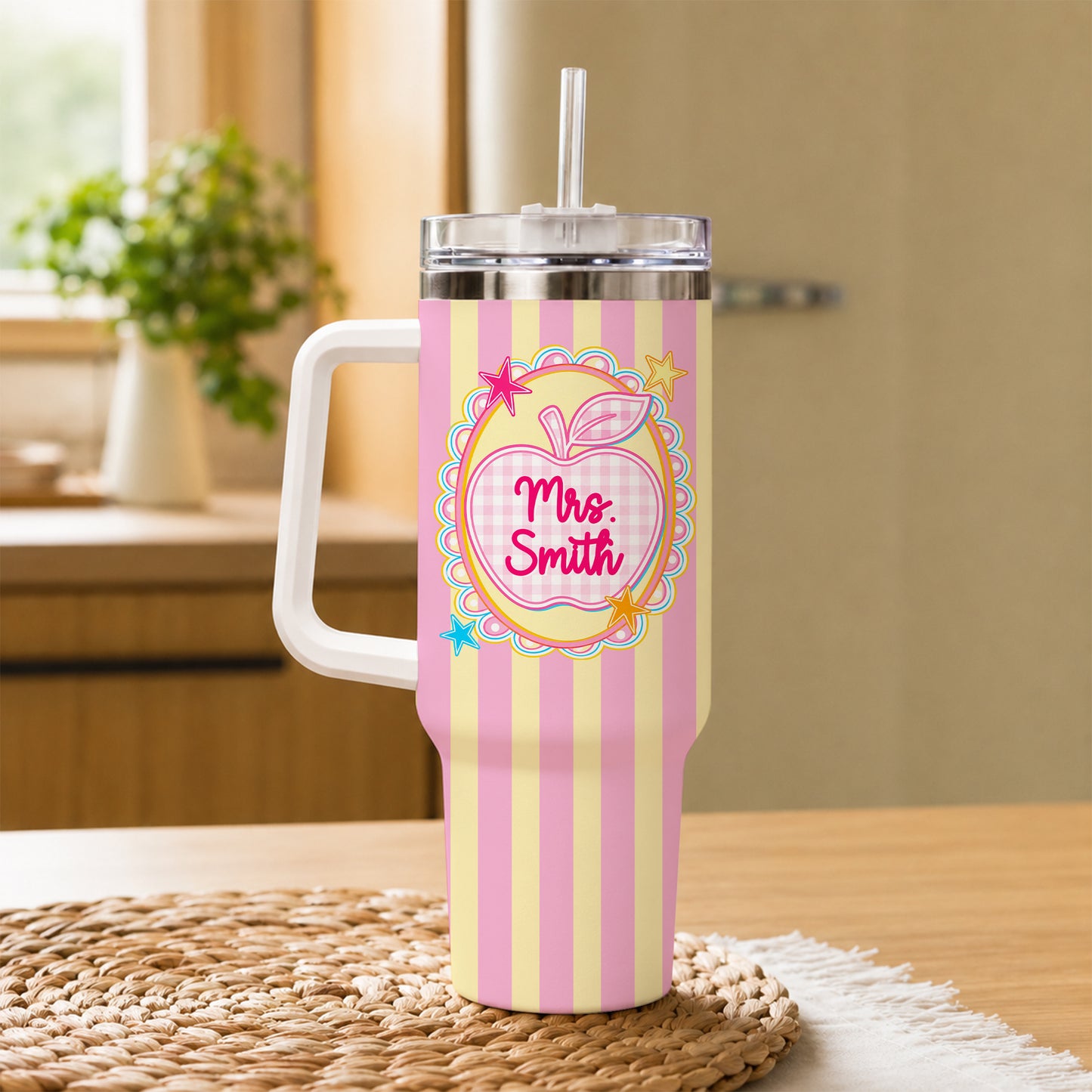 Personalized Teacher & Student Tumbler 40oz with Handle – Custom Name & Grade, Striped Apple School Tumbler for Preschool to 8th Grade