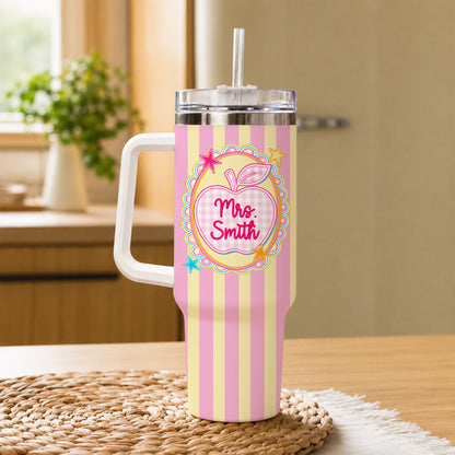 Personalized Teacher & Student Tumbler 40oz with Handle – Custom Name & Grade, Striped Apple School Tumbler for Preschool to 8th Grade