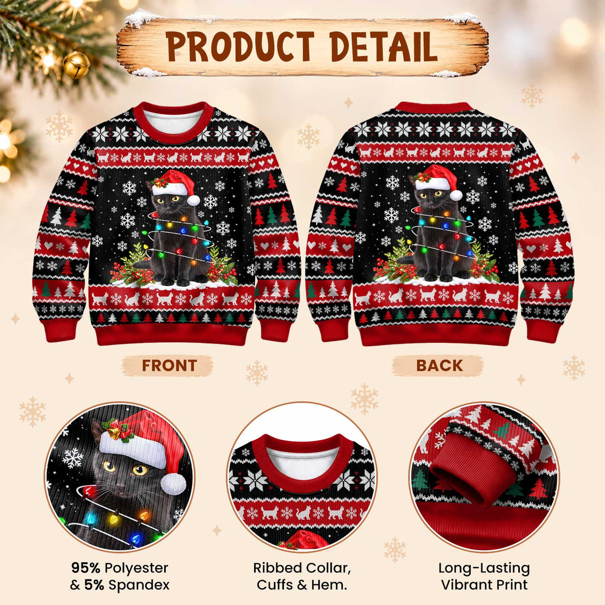 Cute Black Cat Christmas Sweater, Festive Snowflake Ugly Sweater, Christmas Gift for Cat Lovers