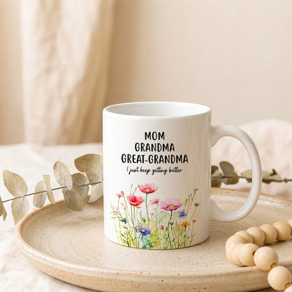 Personalized Mom Grandma Great-Grandma Floral Mug – Cute Family Coffee Cup Gift for Mom and Grandma