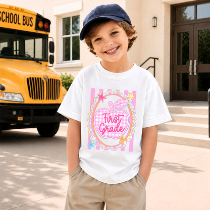 Personalized Striped Back to School Shirt for Kids Teachers – Custom Name & Grade Tee for Pre-K to 8th Grade Students, First Day Outfit