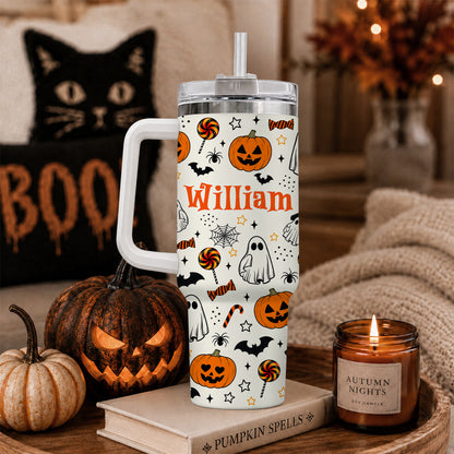 Personalized Halloween Tumbler, 40oz Travel Tumbler with Name, Vintage Spooky Pattern Gift Girls and Boys