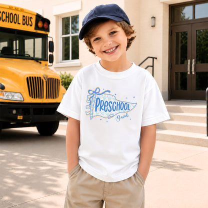 Personalized Back to School Shirt – Custom Name & Grade Preppy Striped Pennant Flag Color Tee for Teachers & Students, Pre-K to 8th Grade Outfit