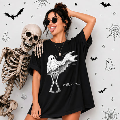 Skeleton Holding Red Balloon Graphic T-Shirt, Funny Halloween Inspired Skeleton Shirt, Spooky Season Casual Tee