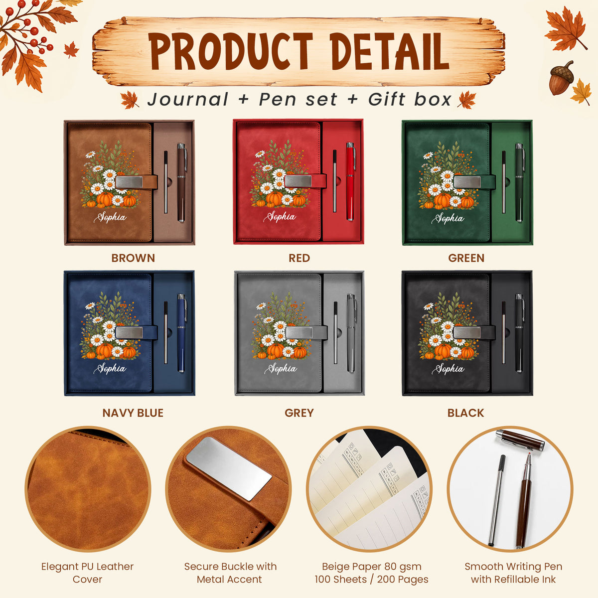 Personalized Notebook Thanksgiving Gift, Fall Floral Pumpkin Gift for Teacher, Student, Family, Friends