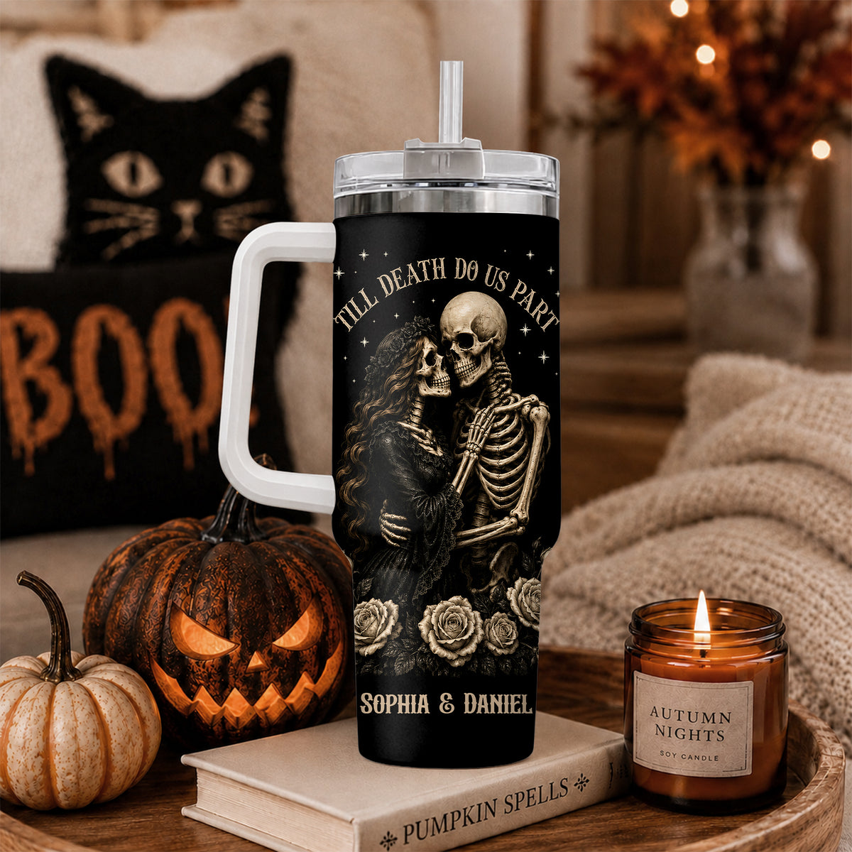 Personalized Skeleton Couple Halloween Tumbler 40oz, Gothic Skeleton with Roses, Halloween Gift for Couples
