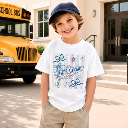 Personalized Back to School Shirt – Custom Name & Grade Preppy Striped Pennant Flag Color Tee for Teachers & Students, Pre-K to 8th Grade Outfit