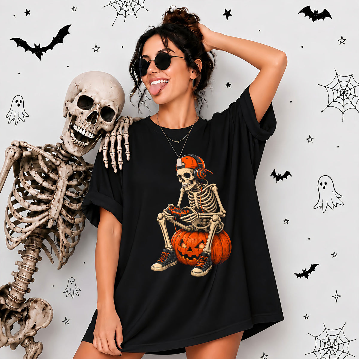 Skeleton Gamer Halloween Sweatshirt, Boys Pumpkin Gaming Shirt, Funny Halloween Gift