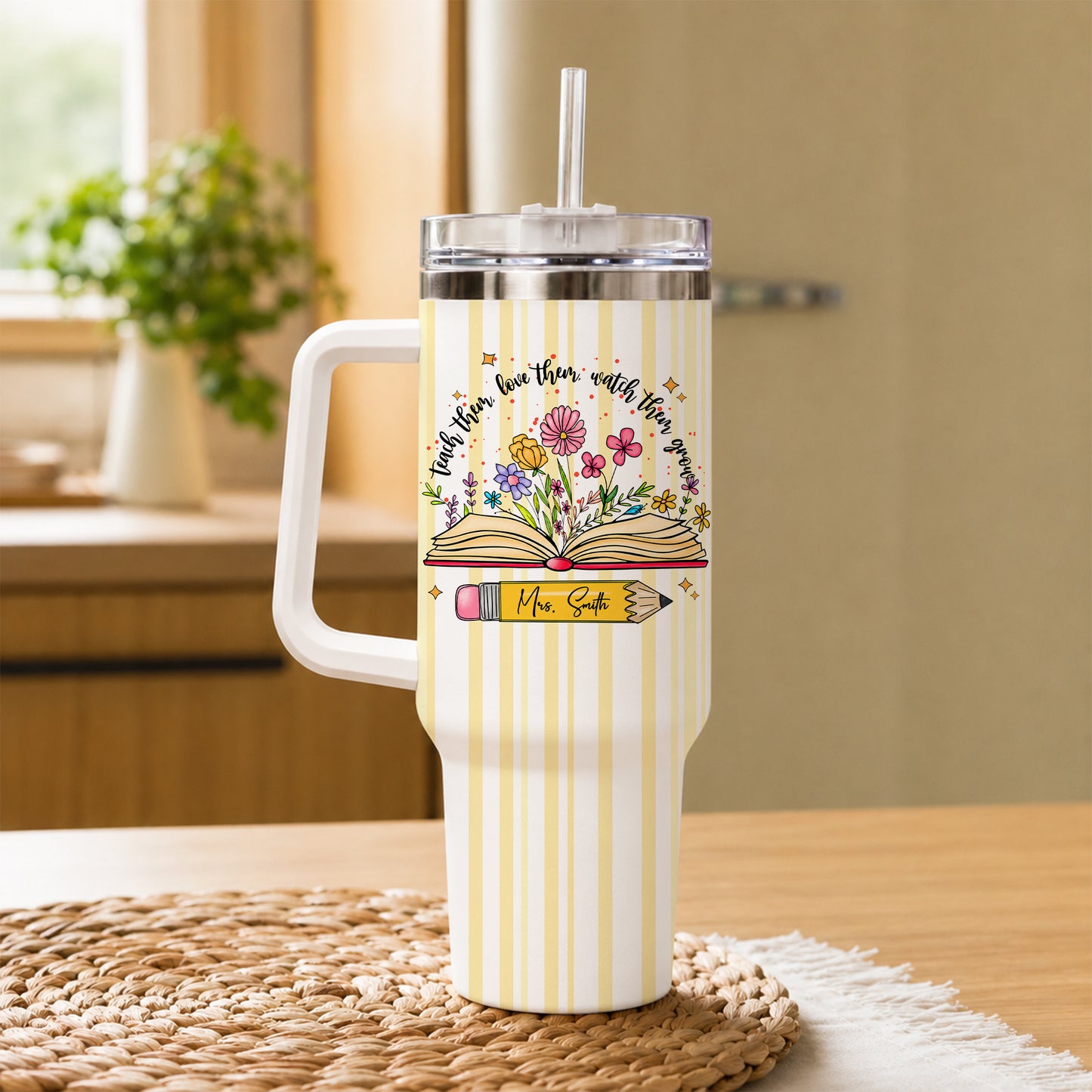 Personalized 40oz Teacher Tumbler with Handle & Straw – Custom Floral Teacher Gift for Back to School, First Day of School & Teacher Appreciation