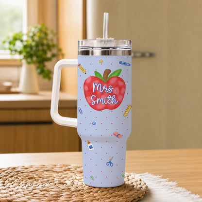 Personalized Teacher & Student Tumbler 40oz with Handle – Custom Name & Grade, Striped Apple School Tumbler for Preschool to 8th Grade