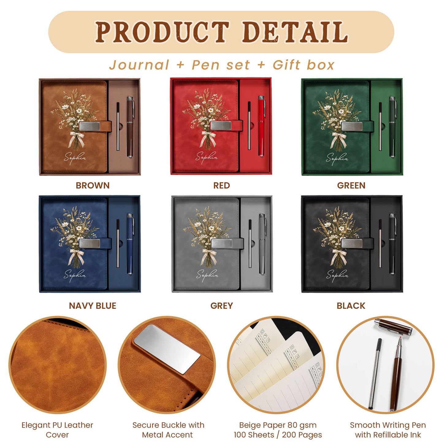 Personalized Leather Notebook Set with Custom Name, Floral Journal Gift Set with Pen for Women, Teacher, Student, Office