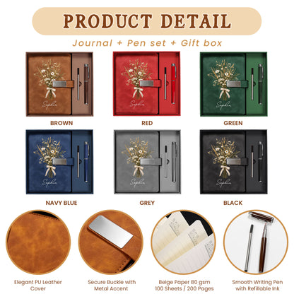 Personalized Leather Notebook Set with Custom Name, Floral Journal Gift Set with Pen for Women, Teacher, Student, Office