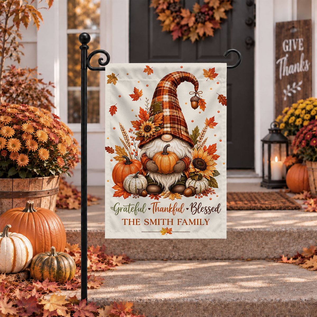 Personalized Thanksgiving Family Flag, Gnome Fall Garden Custom Family Name, Outdoor Decor Gift For Family