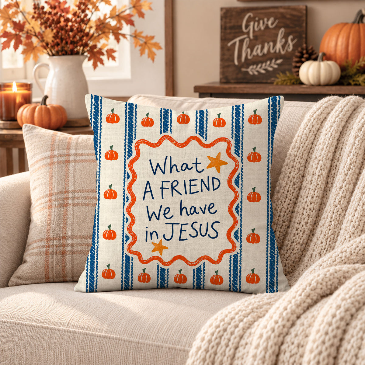 Christian Fall Throw Pillow, Jesus Faith Pumpkin Decorative Cushion, Thanksgiving Home Decor Family Gift