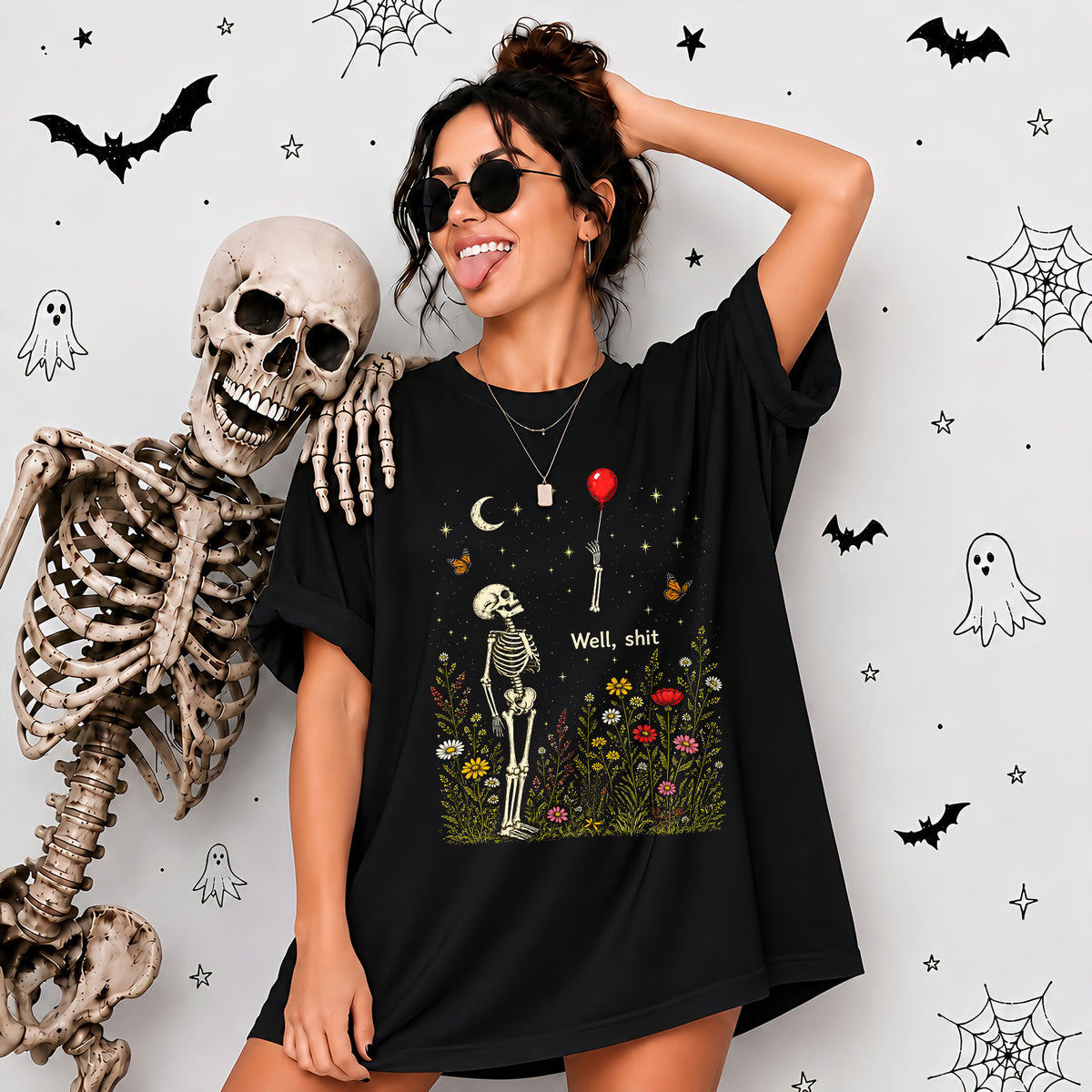 Skeleton Holding Red Balloon Graphic T-Shirt, Funny Halloween Inspired Skeleton Shirt, Spooky Season Casual Tee