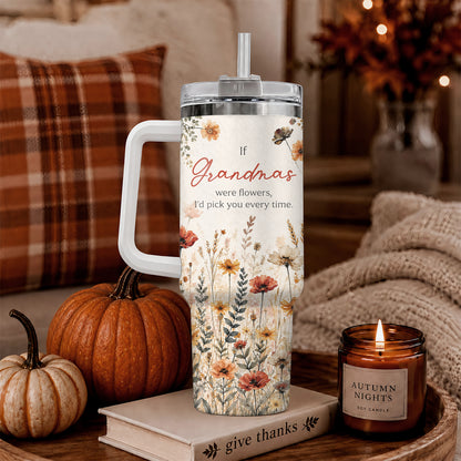 Personalized Thanksgiving Tumbler 40oz with Handle, Floral Fall Design, Gift For Grandma