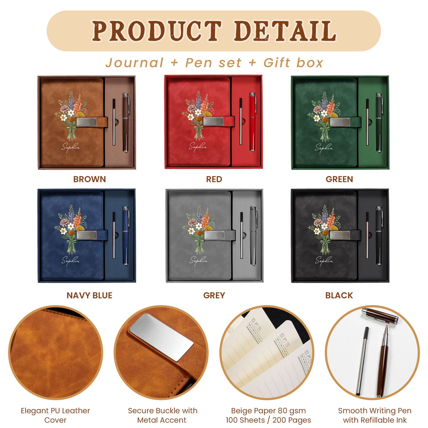 Personalized Leather Notebook Set with Custom Name, Floral Journal Gift Set with Pen for Women, Teacher, Student, Office