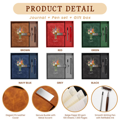 Personalized Leather Notebook Set with Custom Name, Floral Journal Gift Set with Pen for Women, Teacher, Student, Office