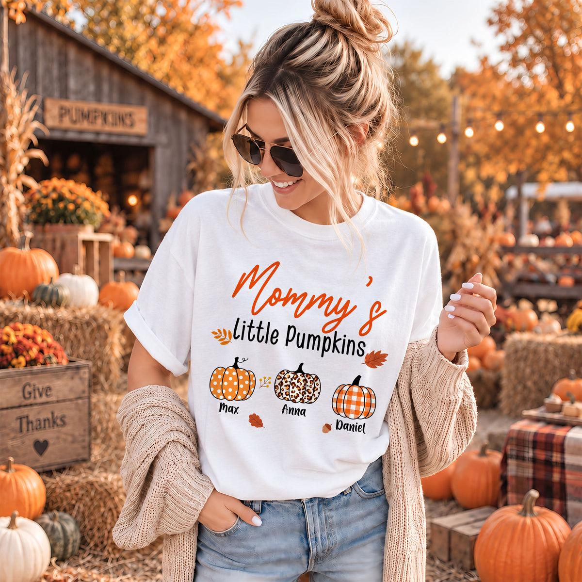 Personalized Grandma Thanksgiving Sweatshirt, Custom Family Name Autumn Little Pumpkin Family Gift