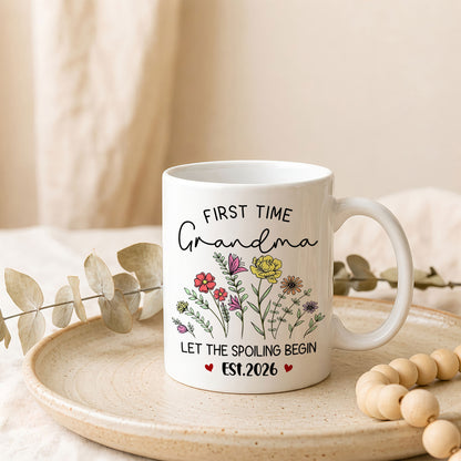 Personalized First Time Grandma Mug – Let The Spoiling Begin Coffee Mug, New Grandma Gift Est 2026