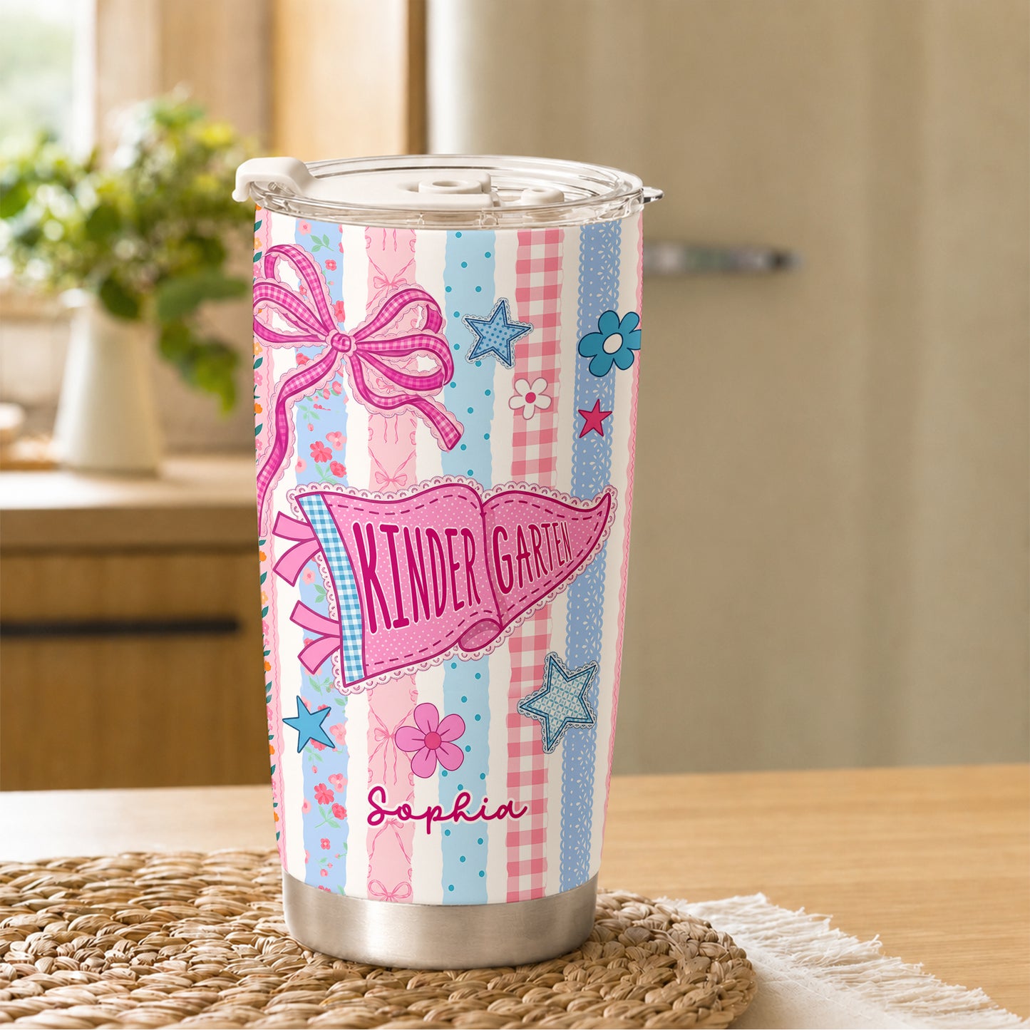Personalized Back to School Tumbler - Custom Name & Class for Teachers and Students, Pastel Bow 20oz Travel Cup