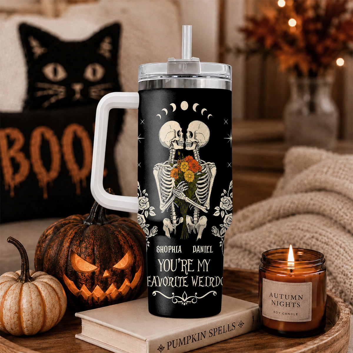 Personalized Skeleton Couple Halloween Tumbler 40oz, Gothic Skeleton with Roses, Halloween Gift for Couples