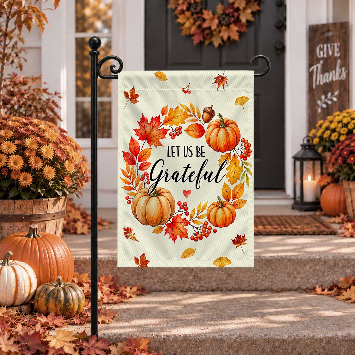 Give Thanks Fall Garden Flag, Rustic Cross Pumpkin Thanksgiving Yard Flag, Autumn Outdoor Decor