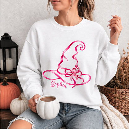 Personalized Halloween Breast Cancer Awareness T-Shirt & Sweater for Women, Pink Ribbon Witch Hat Design, Custom Name Family Matching Tee