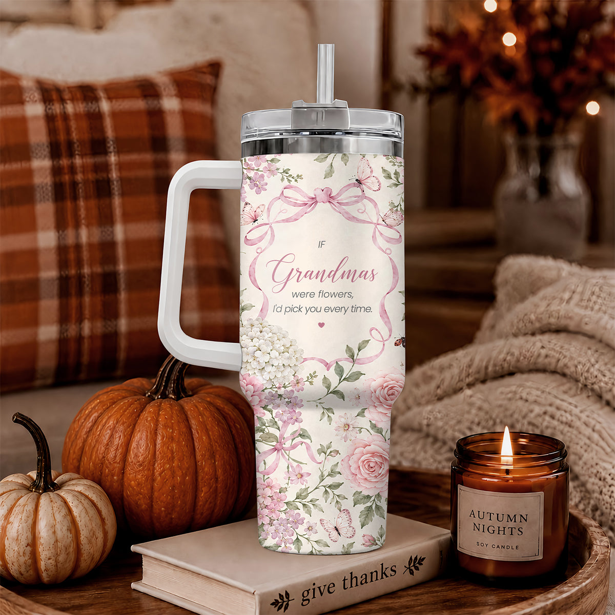 Personalized Thanksgiving Tumbler 40oz with Handle, Floral Fall Design, Gift For Grandma