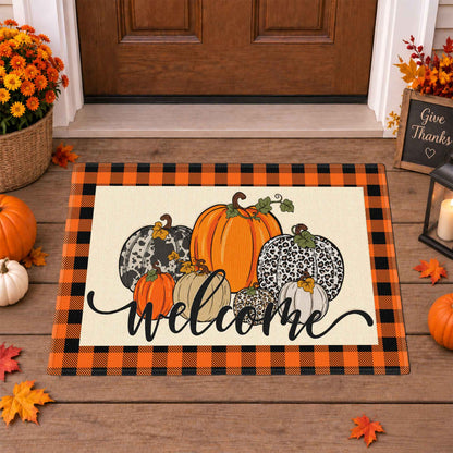 Fall Football Pumpkin Doormat, Welcome Autumn Leaves Door Mat, Thanksgiving Home Decor