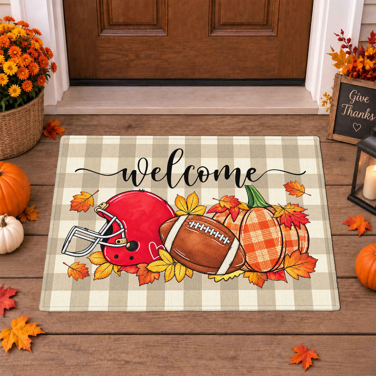 Fall Football Pumpkin Doormat, Welcome Autumn Leaves Door Mat, Thanksgiving Home Decor