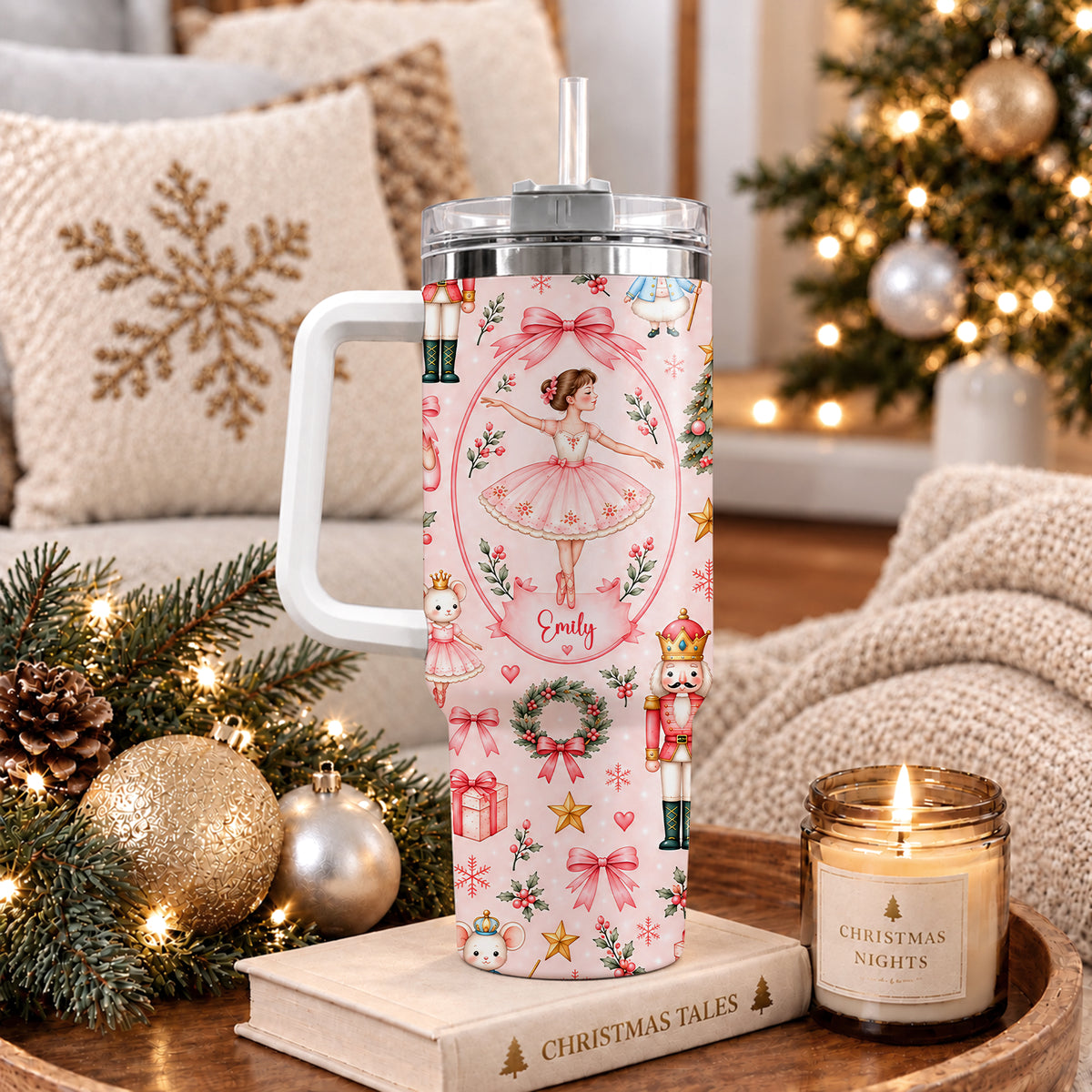Personalized Nutcracker Ballet Tumbler 40oz, Custom Name Ballerina Cup, Christmas Gift for Girls