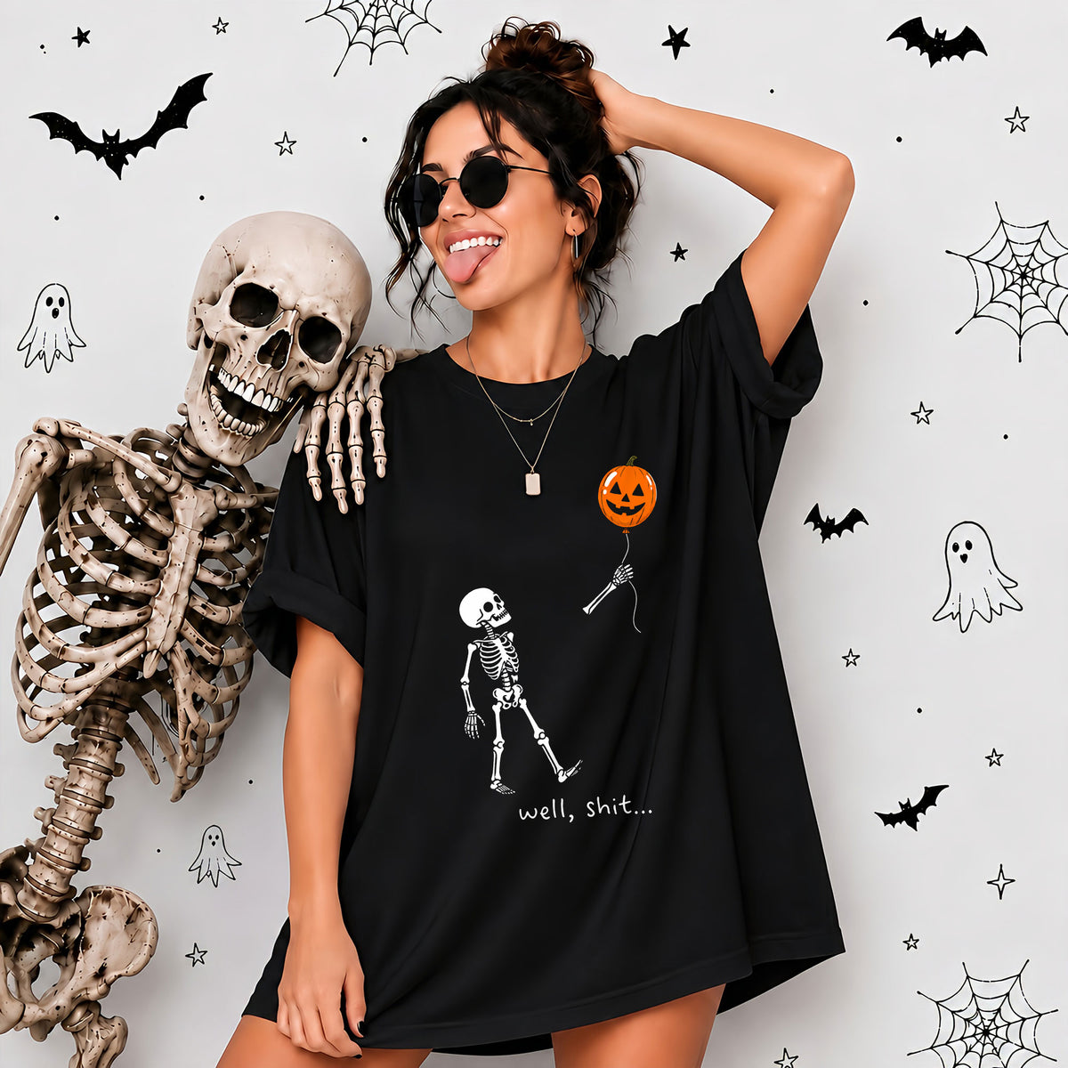 Skeleton Holding Red Balloon Graphic T-Shirt, Funny Halloween Inspired Skeleton Shirt, Spooky Season Casual Tee