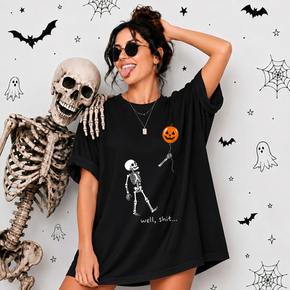 Skeleton Holding Red Balloon Graphic T-Shirt, Funny Halloween Inspired Skeleton Shirt, Spooky Season Casual Tee