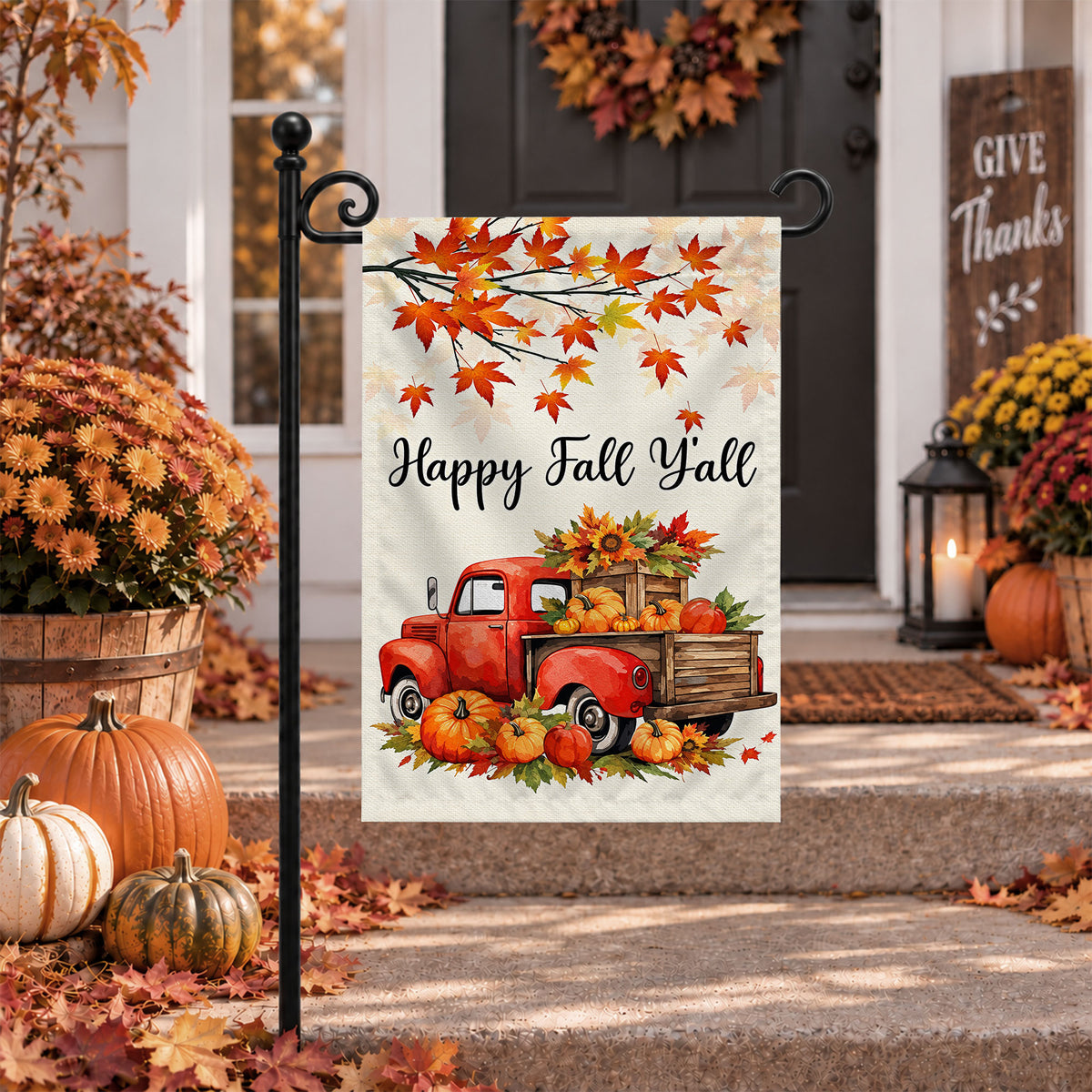 Hello Fall Garden Flag, Welcome Truck Happy Fall Ya'll Floral Pumpkin Outdoor Decor Gift For Family