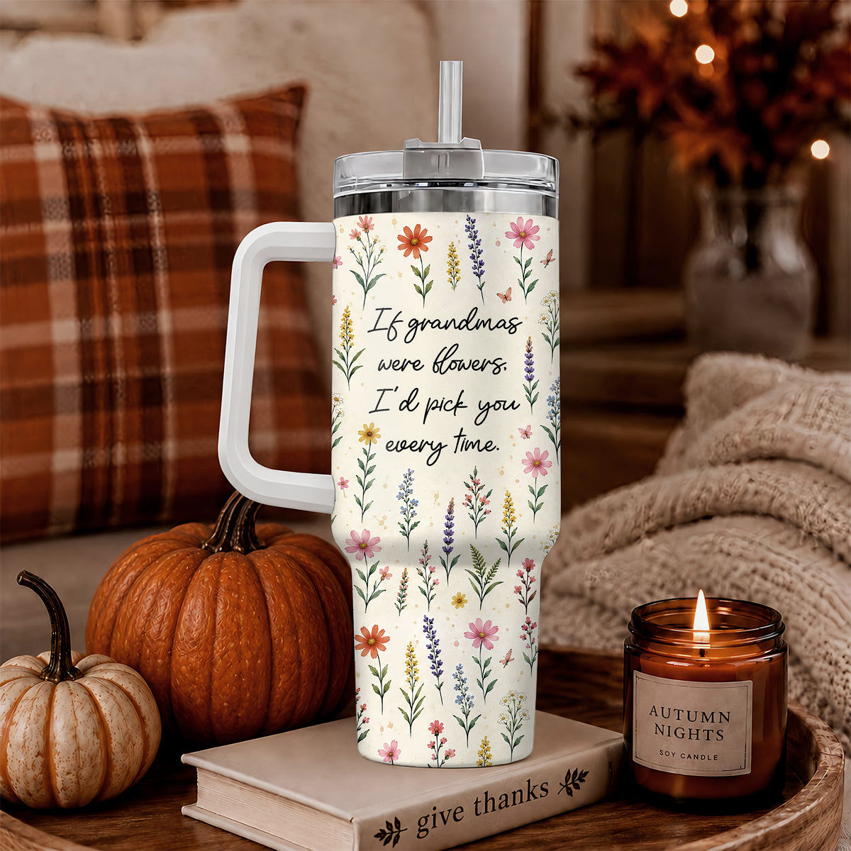 Personalized Thanksgiving Tumbler 40oz with Handle, Floral Fall Design, Gift For Grandma