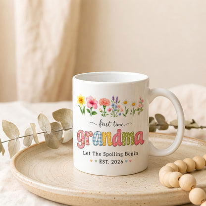 Personalized First Time Grandma Mug – Let The Spoiling Begin Coffee Mug, New Grandma Gift Est 2026