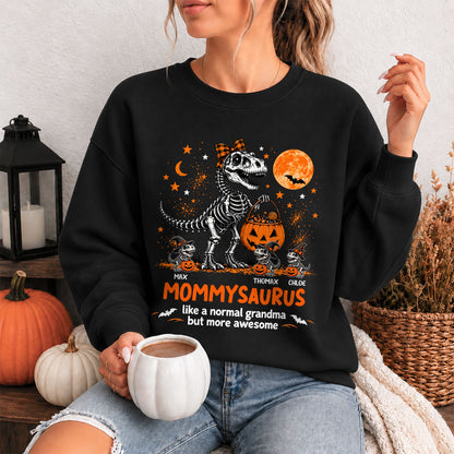 Personalized Grandmasaurus Halloween T-Shirt, Custom Grandkids Names Dinosaur Family Shirt, Spooky Pumpkin Grandma Tee