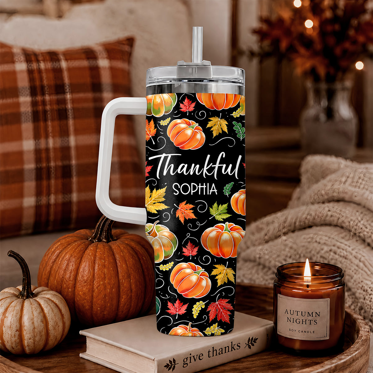Personalized Thanksgiving Tumbler 40oz, Turkey Fall Leaves Gnome, Hello Fall Custom Name Gift For Adult & Friends