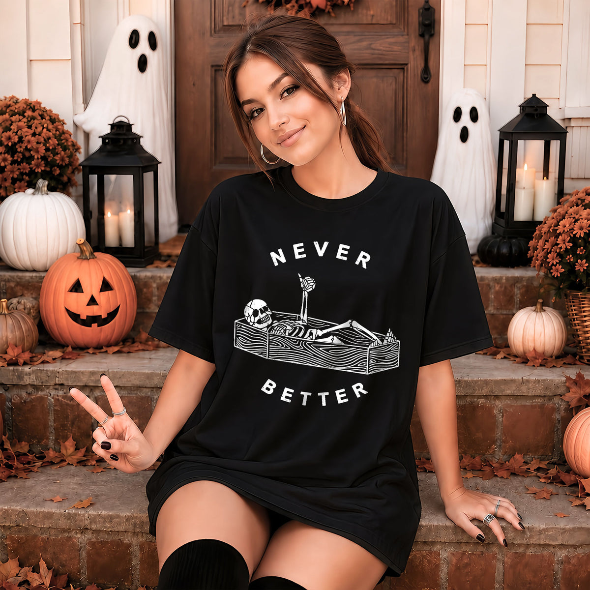 Funny Skeleton Coffee Halloween Sweatshirt, Never Better Graphic, Halloween Gift