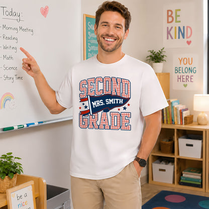 Personalized Back to School Shirt – Custom Name & Grade Preppy Striped Pennant Flag Color Tee for Teachers & Students, Pre-K to 8th Grade Outfit
