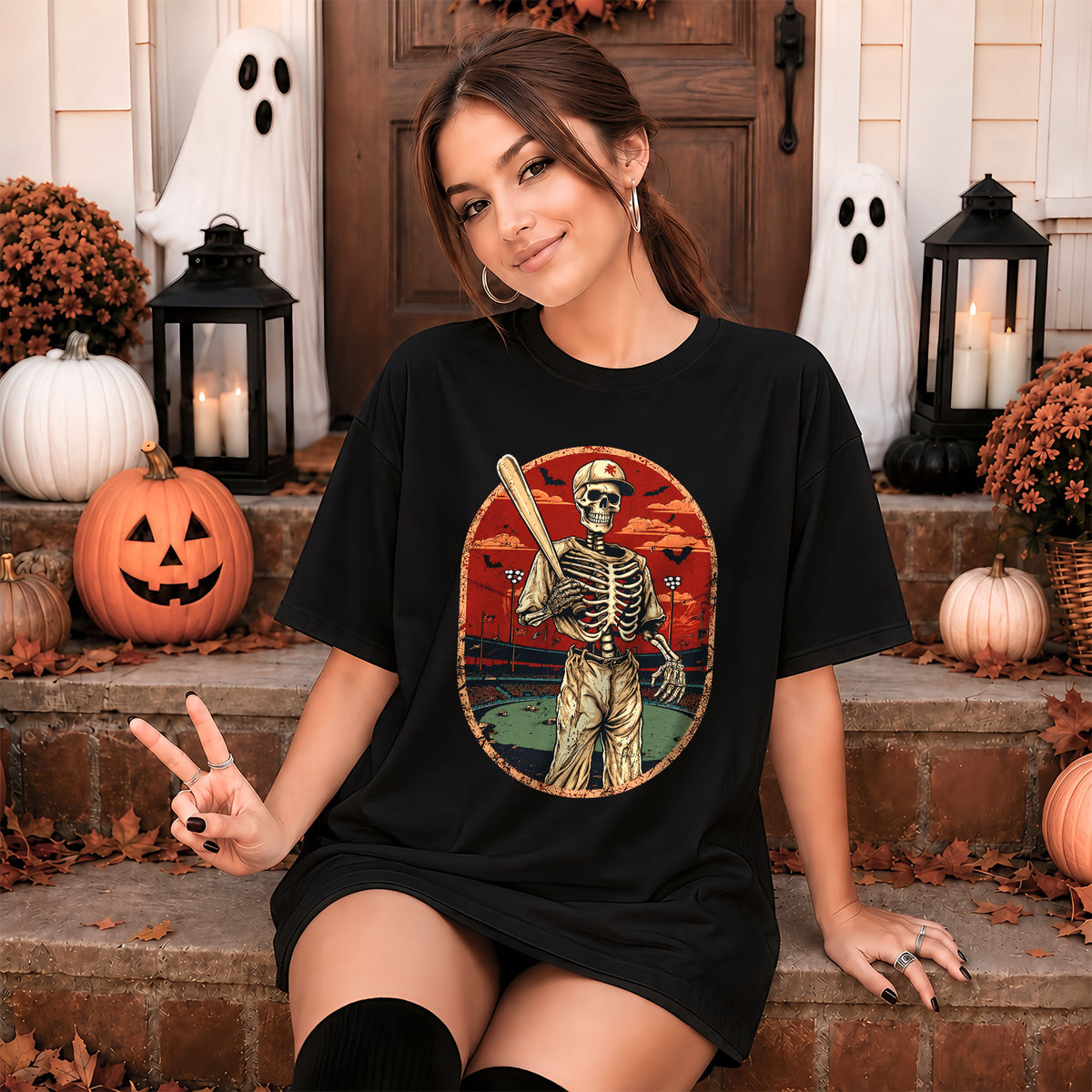 Baseball Skeleton Graphic Halloween Sweatshirt, Spooky Baseball Player Shirt, Funny Halloween Gift