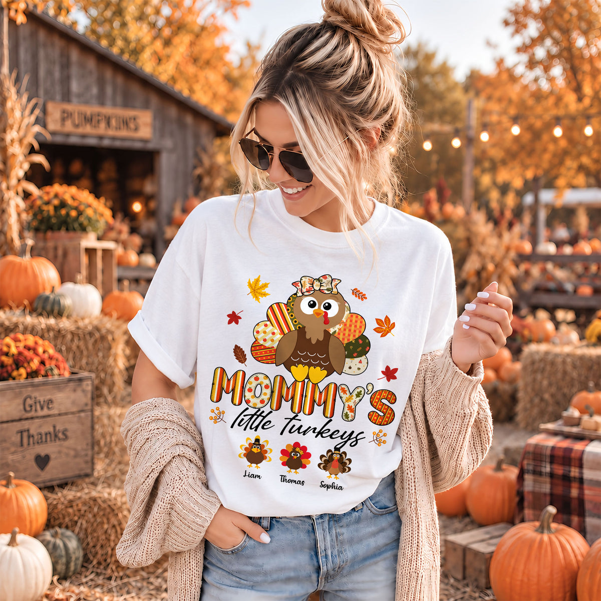 Personalized Thankful Grateful Blessed Grandma Sweatshirt, Custom Grandma Turkey with Grandkids Names Gift For Family
