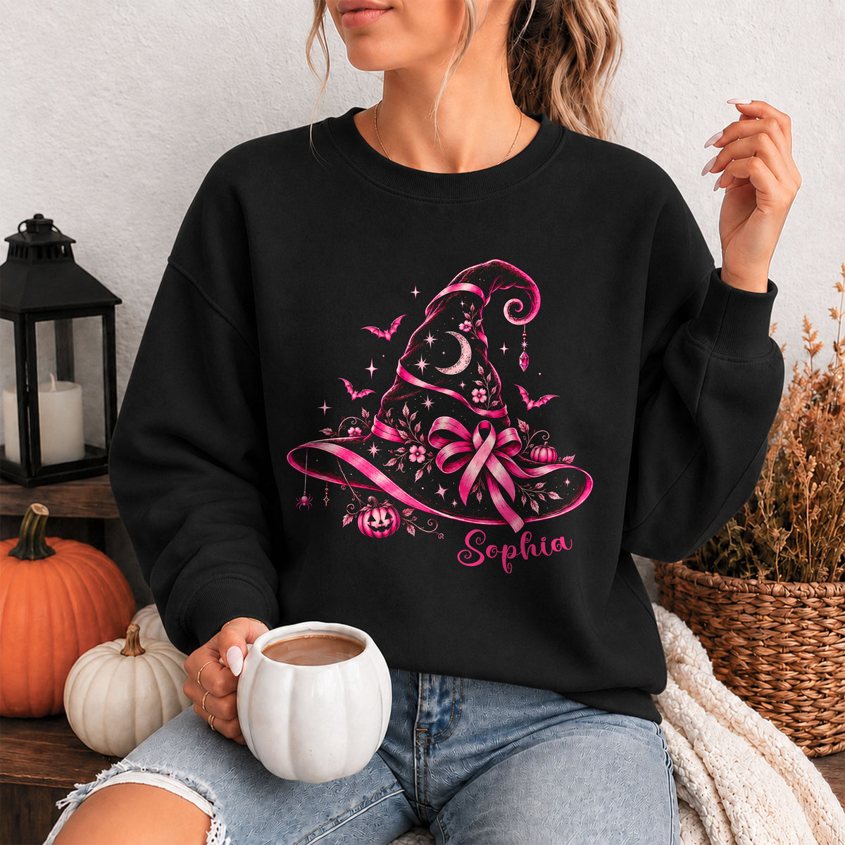 Personalized Halloween Breast Cancer Awareness Shirt for Women, Pink Ribbon Witch Hat Design, Custom Name Family Matching Tee