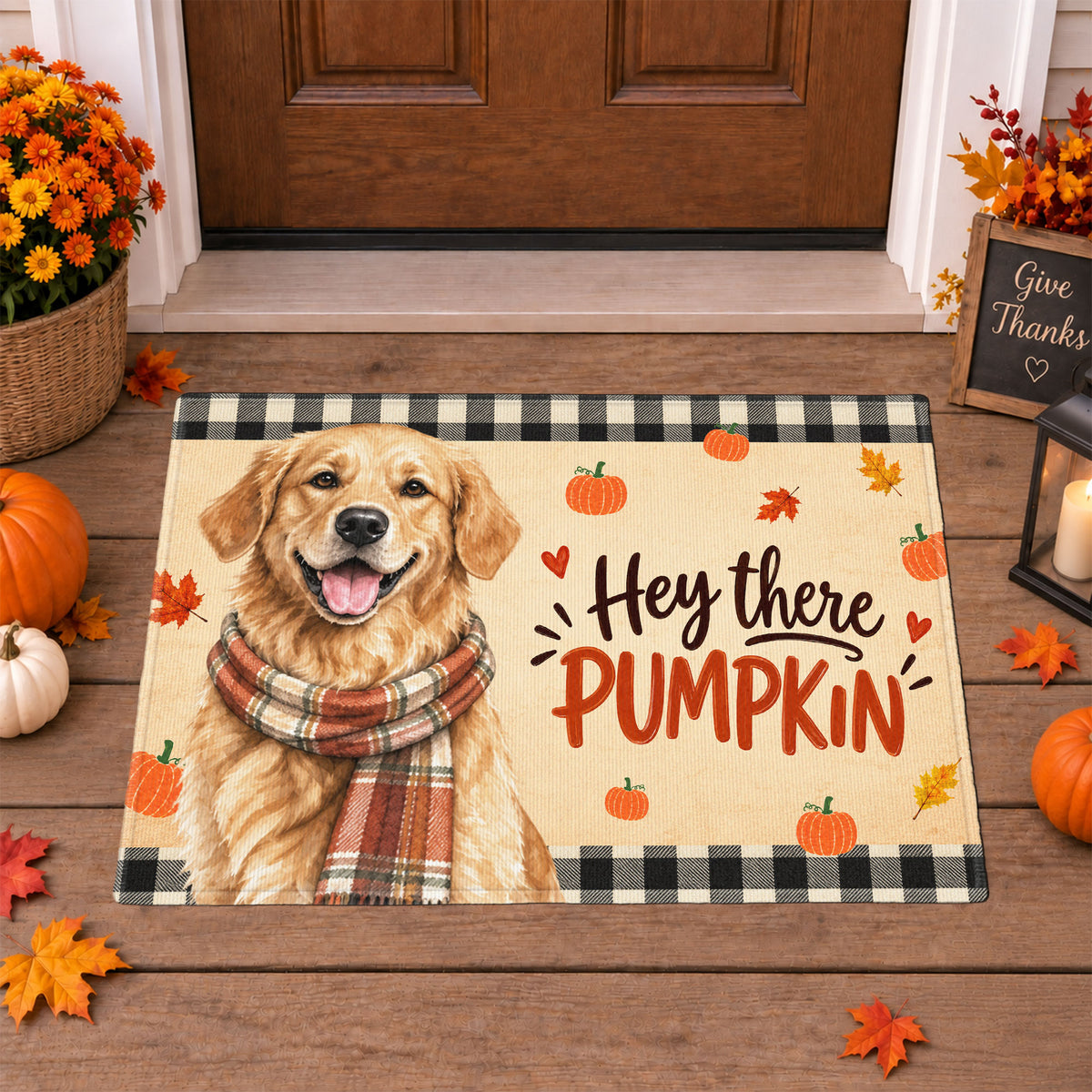 Custom Photo Watercolor Pet With Autumn Accessories Hey There Pumpkin - Personalized Doormat