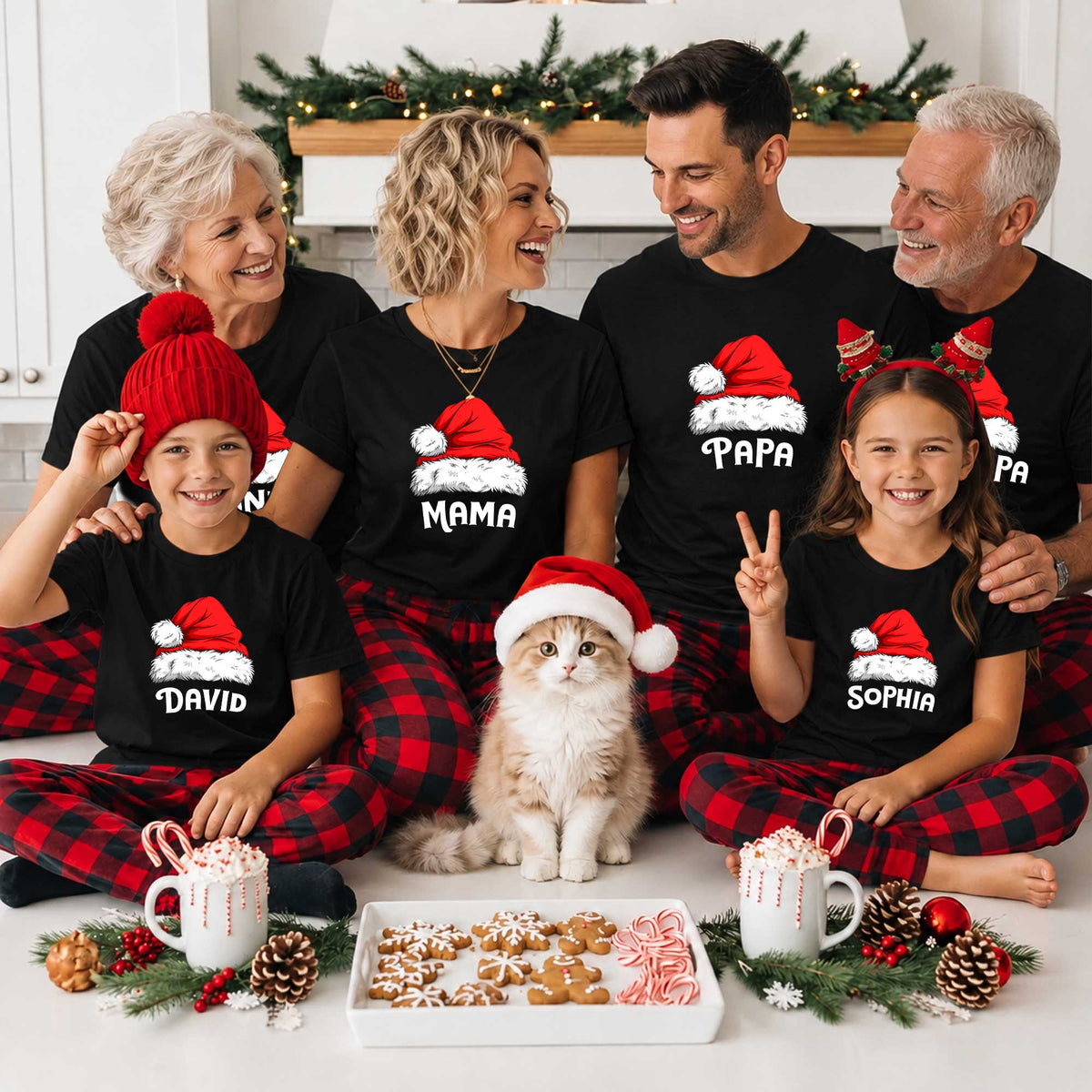 Personalized Family Christmas Shirts, Matching Santa Hat Tees, Custom Name Holiday Gift