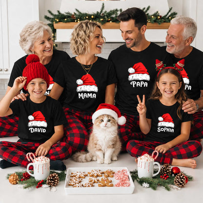 Personalized Family Christmas Shirts, Matching Santa Hat Tees, Custom Name Holiday Gift