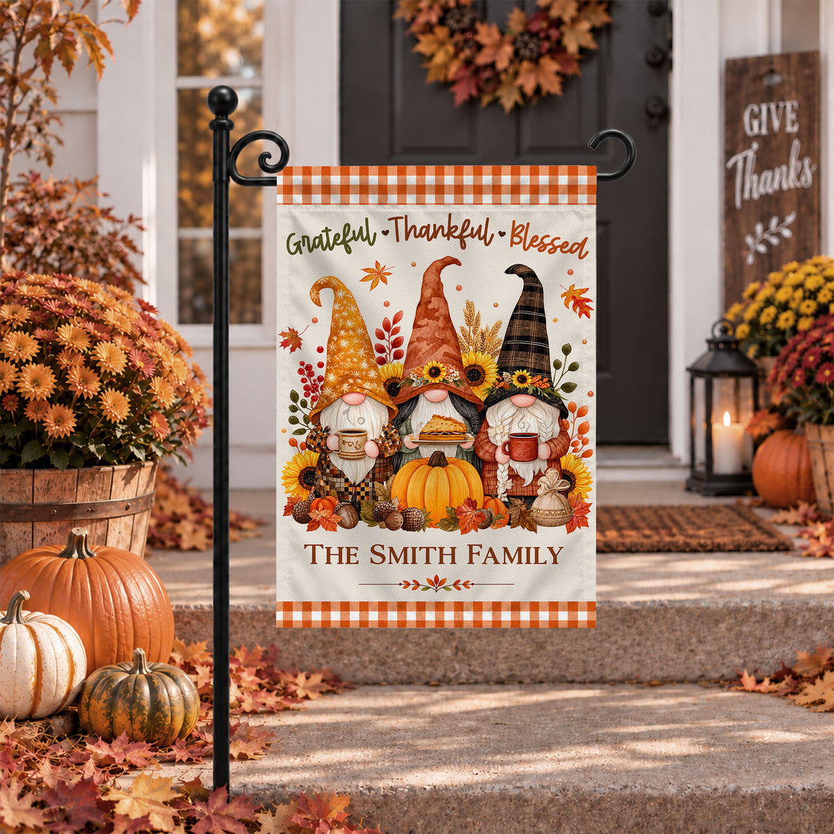 Personalized Thanksgiving Family Flag, Gnome Fall Garden Custom Family Name, Outdoor Decor Gift For Family
