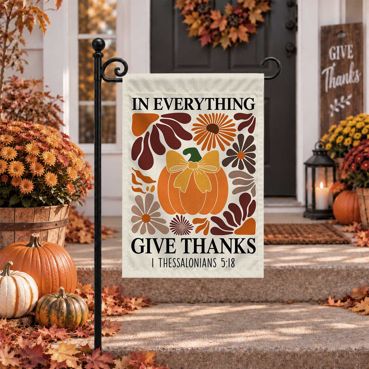 Give Thanks Fall Garden Flag, Rustic Cross Pumpkin Thanksgiving Yard Flag, Autumn Outdoor Decor