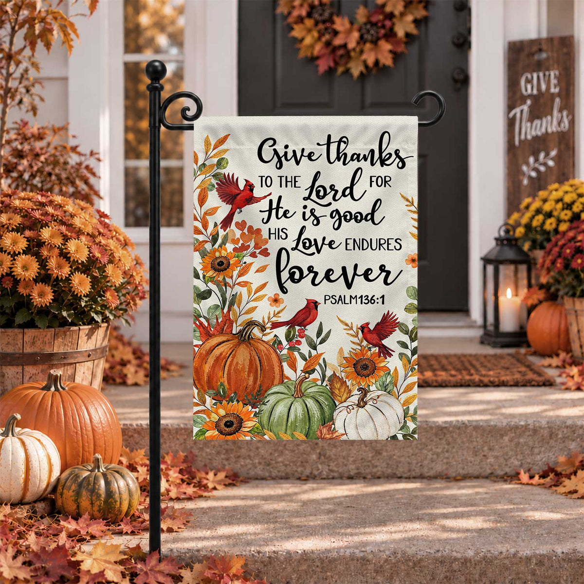 Give Thanks Fall Garden Flag, Rustic Cross Pumpkin Thanksgiving Yard Flag, Autumn Outdoor Decor